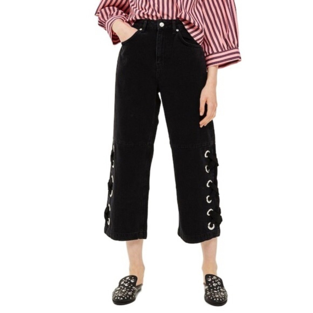 NEW Topshop Moto Lace Up Hem Wide Leg Crop Jeans Black Women’s Size 30